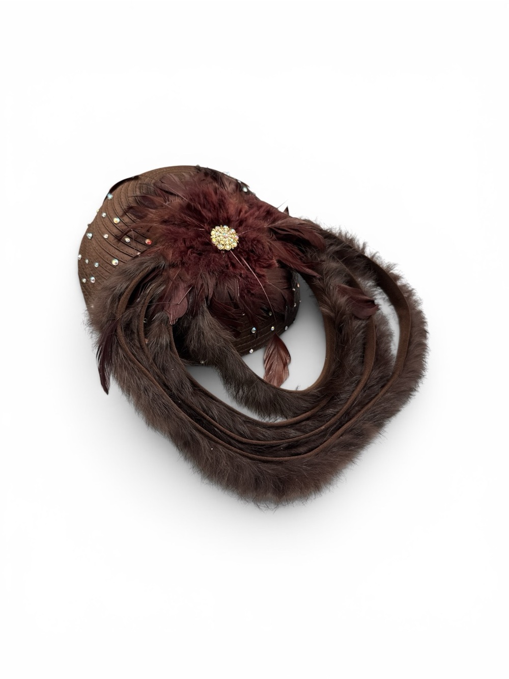 Vintage ML Studio Brown Rhinestone Genuine Fur & Feather Derby Cocktail Hat OS - Picture 9 of 9
